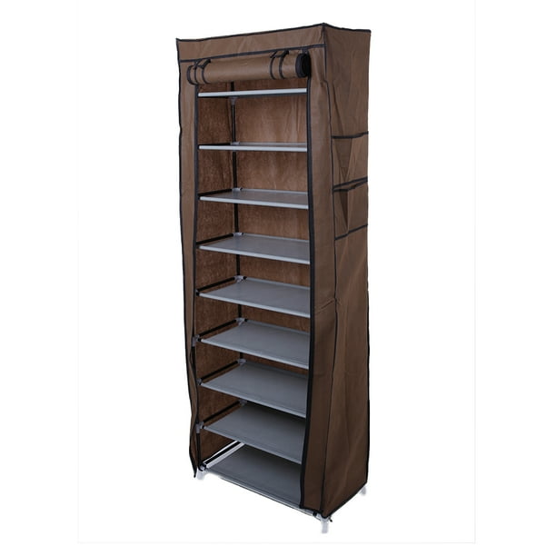 zeat 10-Layers 9 Lattices Shoe Rack Easy Assembled Non-Woven Fabric Shoe Tower Stand Sturdy Shelf Storage Organizer Cabinet Silver